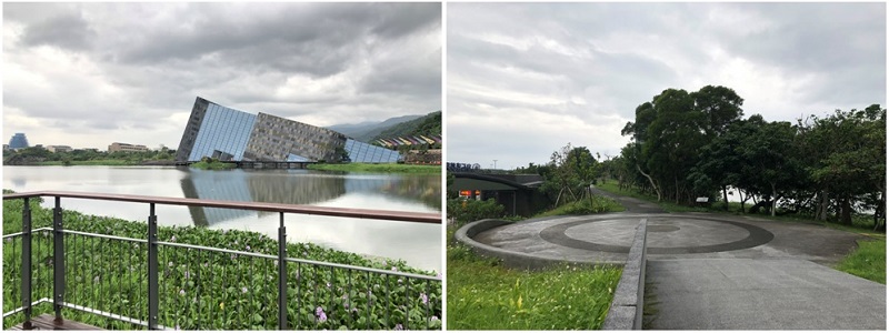 左圖：從水上平台瞭望蘭博的美景。右圖：驛站二樓連結的東堤岸步道。